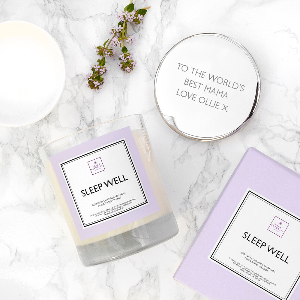 Sleep well candle with packaging on a marble surface
