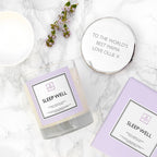 Sleep well candle with packaging on a marble surface