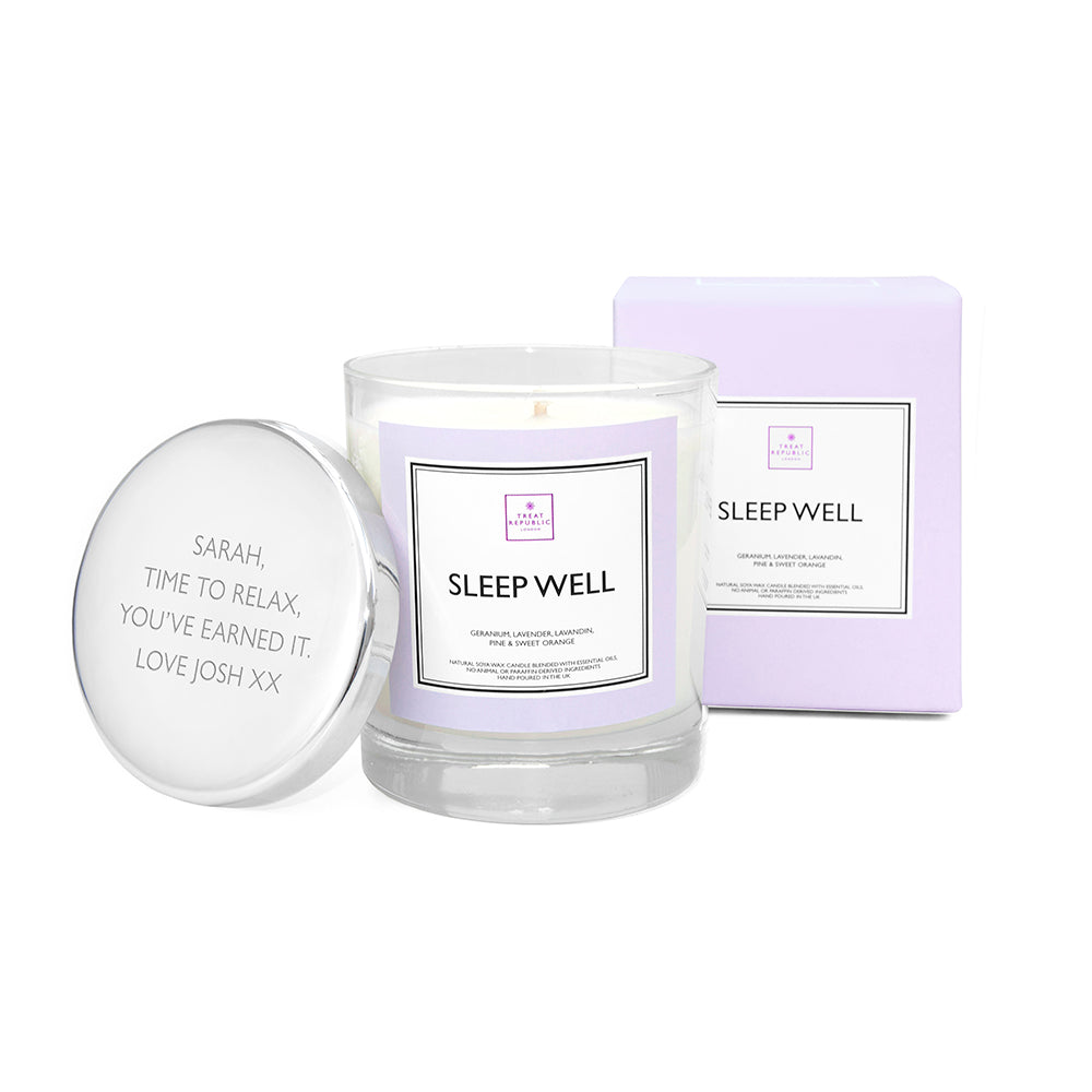 Candle labeled 'Sleep Well' with a personalized message on a white background