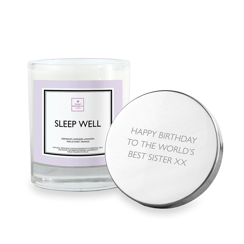 Candle labeled 'Sleep Well' with a silver lid featuring a birthday message on a white background