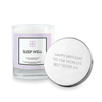 Candle labeled 'Sleep Well' with a silver lid featuring a birthday message on a white background