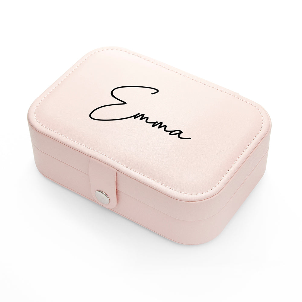 Pink jewelry box with 'Emma' engraving on a white background