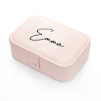 Pink jewelry box with 'Emma' engraving on a white background