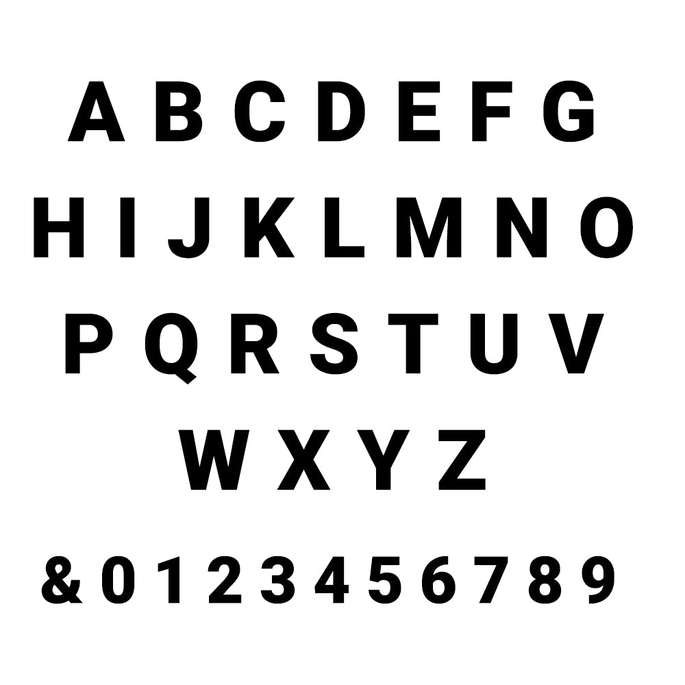 Black alphabet and numbers on a white background