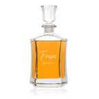 Clear glass decanter with 'Fraser EST. 2021' engraving on a white background