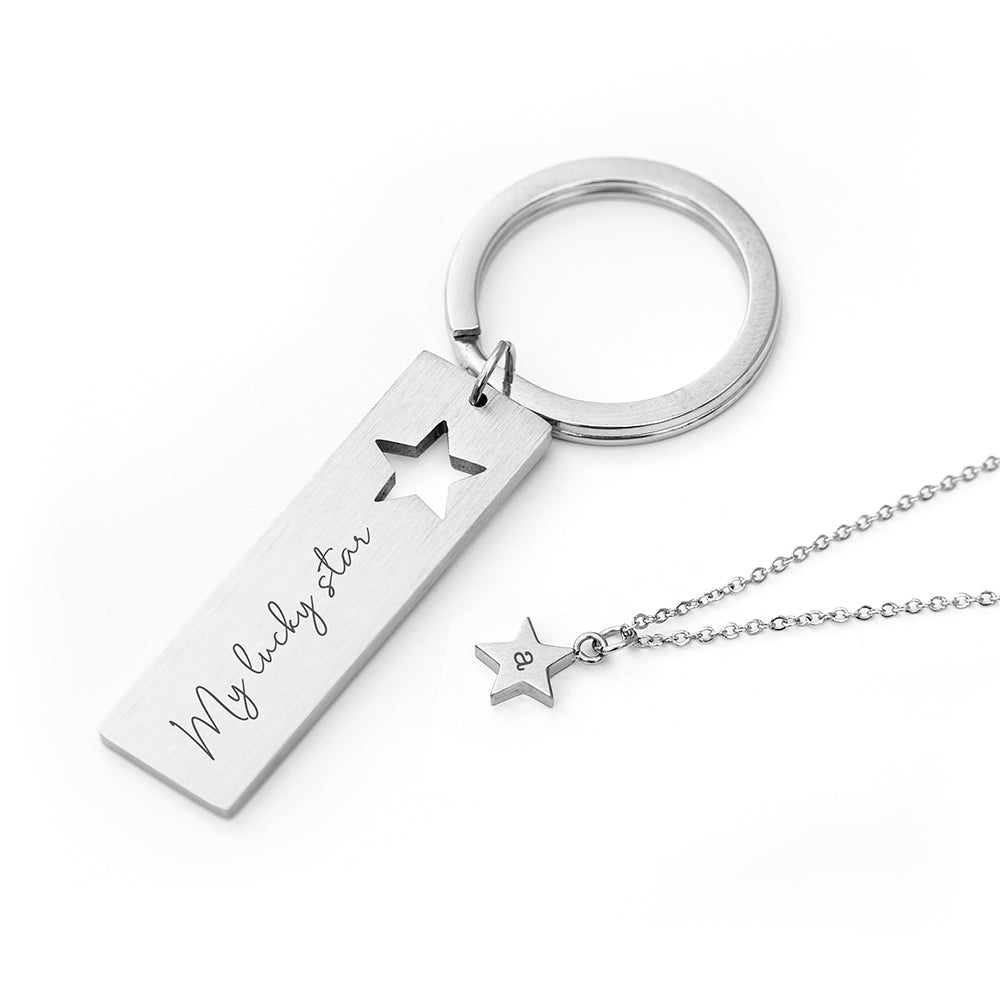 Silver keychain with 'My lucky star' engraving on a white background