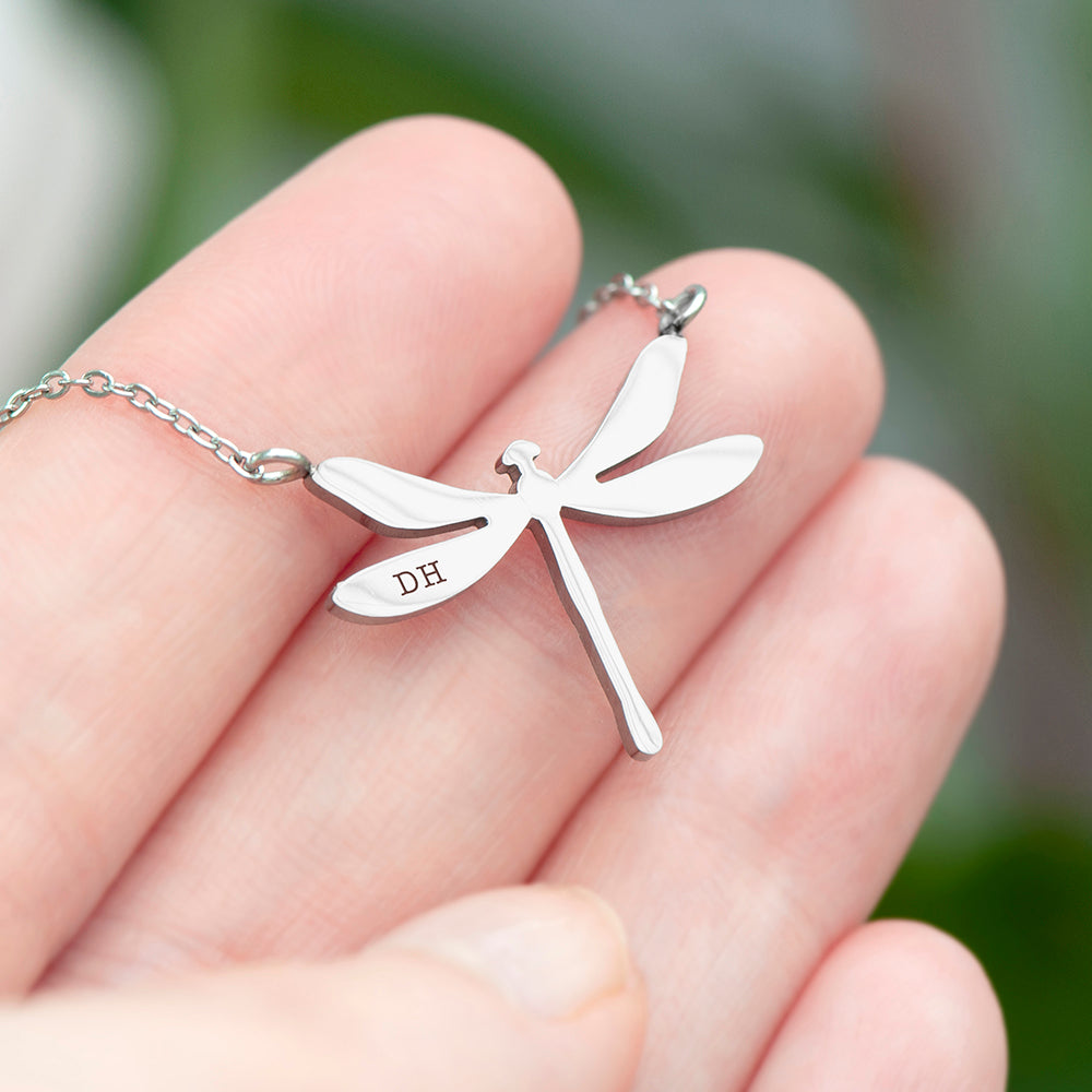 Silver dragonfly necklace held in a hand with a blurred green background