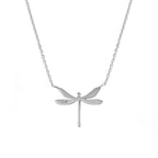 Silver dragonfly pendant necklace on a white background