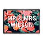 Decorative mat with floral design and 'MR & MRS WILSON' text