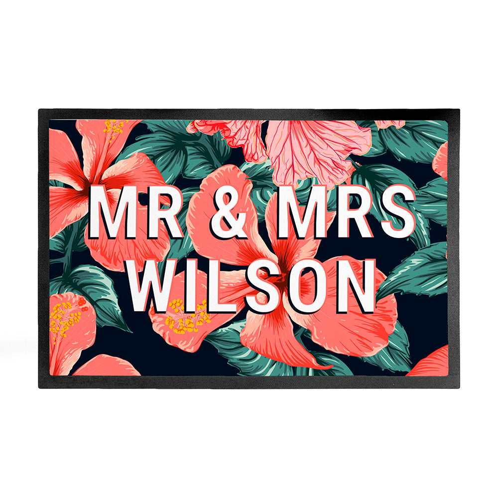 Decorative mat with floral design and 'MR & MRS WILSON' text