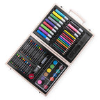 Art supply set with colored pencils, crayons, and other tools in a wooden case on a white background