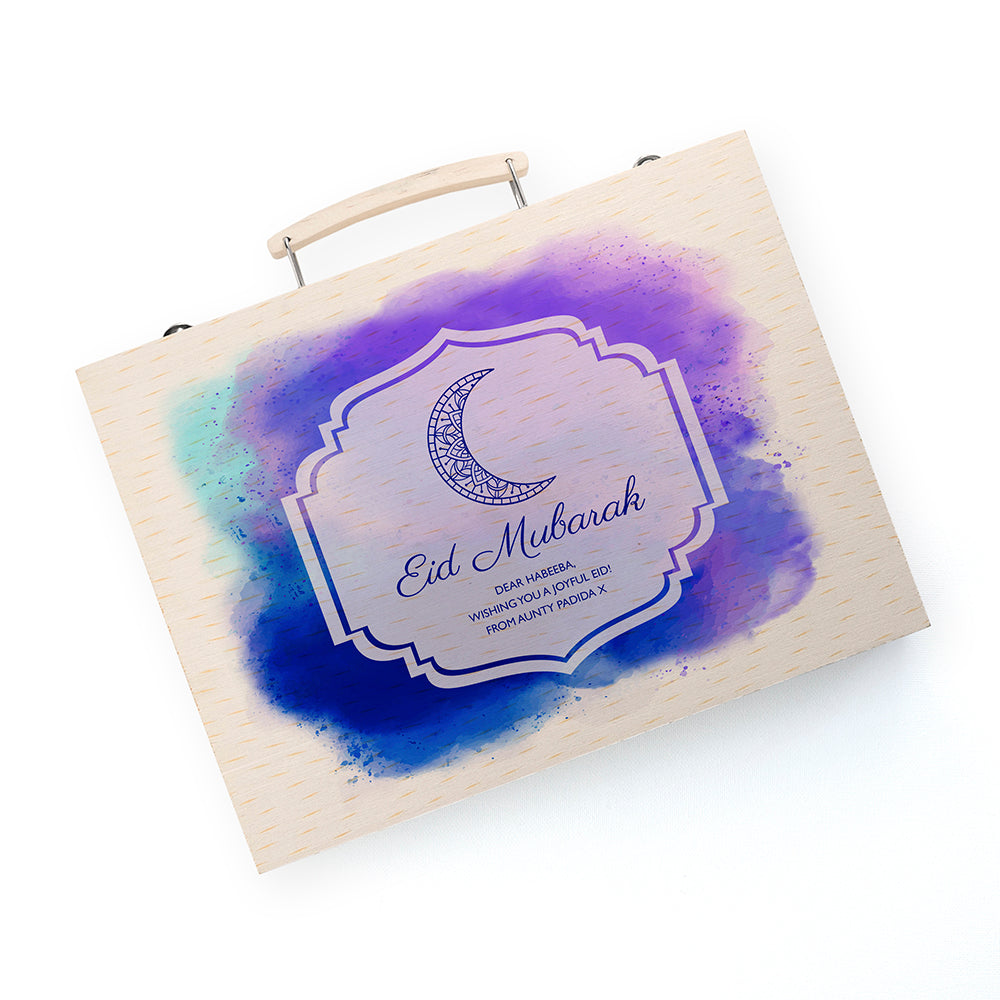 Gift box with 'Eid Mubarak' design on a white background