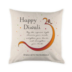 Decorative pillow with 'Happy Diwali' text and design on a white background
