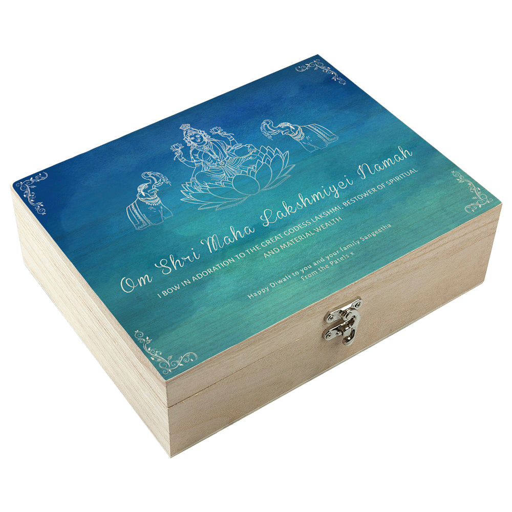 Wooden box with blue lid featuring white text and illustrations on a white background