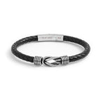 Black braided leather bracelet with silver clasp and engraved tag on a white background