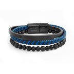 Two black and blue braided bracelets with engraved clasp on a white background