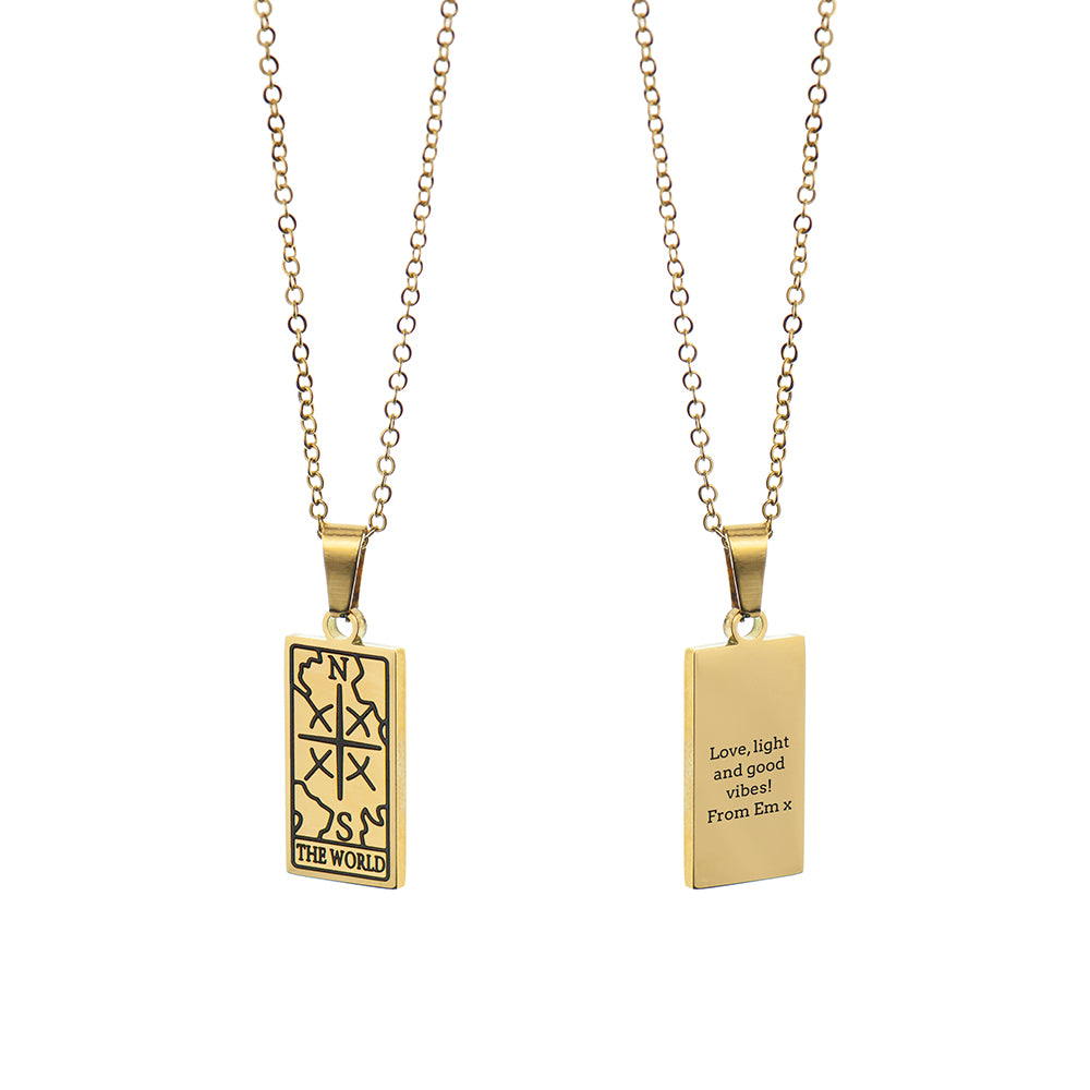 Two gold necklaces with pendants on a white background