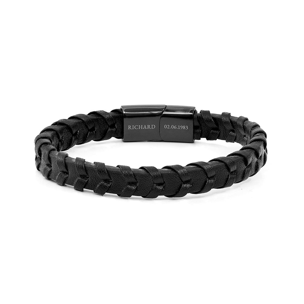 Black braided leather bracelet with a black clasp on a white background