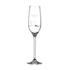 Clear glass flute with 'EMILY' engraved on a white background