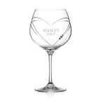 Clear glass with 'MAMA'S G&T' engraving on a white background