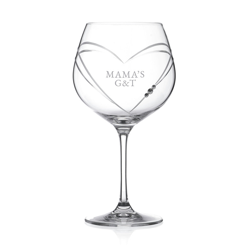 Clear glass with 'MAMA'S G&T' engraving on a white background
