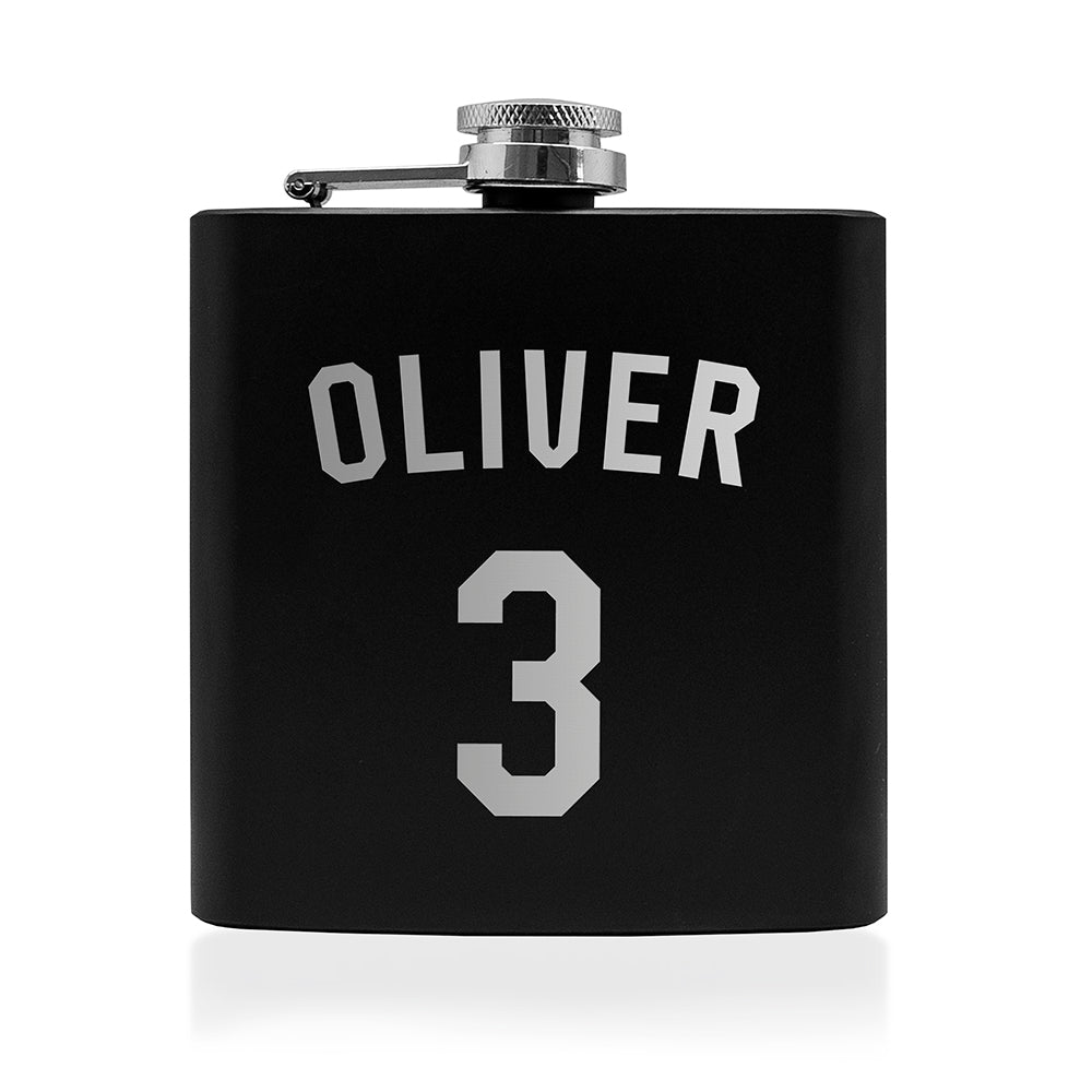 Black flask with 'OLIVER' and number '3' printed on it
