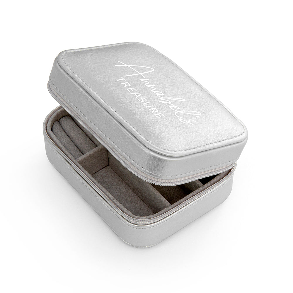 Gray jewelry box with 'Treasured' text on a white background