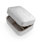 Gray jewelry box with 'Treasured' text on a white background