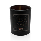 Black candle holder with Capricorn zodiac design and 'Kate' text on a white background