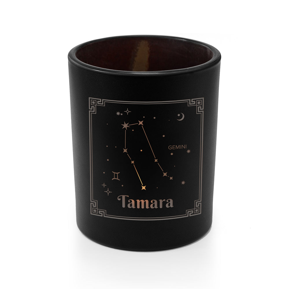 Black tumbler with Gemini constellation design and 'Tamara' text on a white background