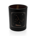 Black tumbler with Virgo constellation and 'Miriam' text on a white background
