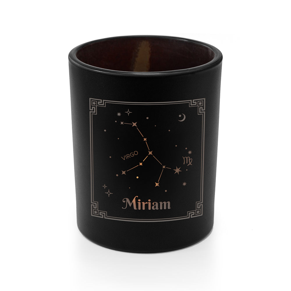 Black tumbler with Virgo constellation and 'Miriam' text on a white background