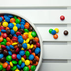 Colorful M&M candies in a bowl on a white surface