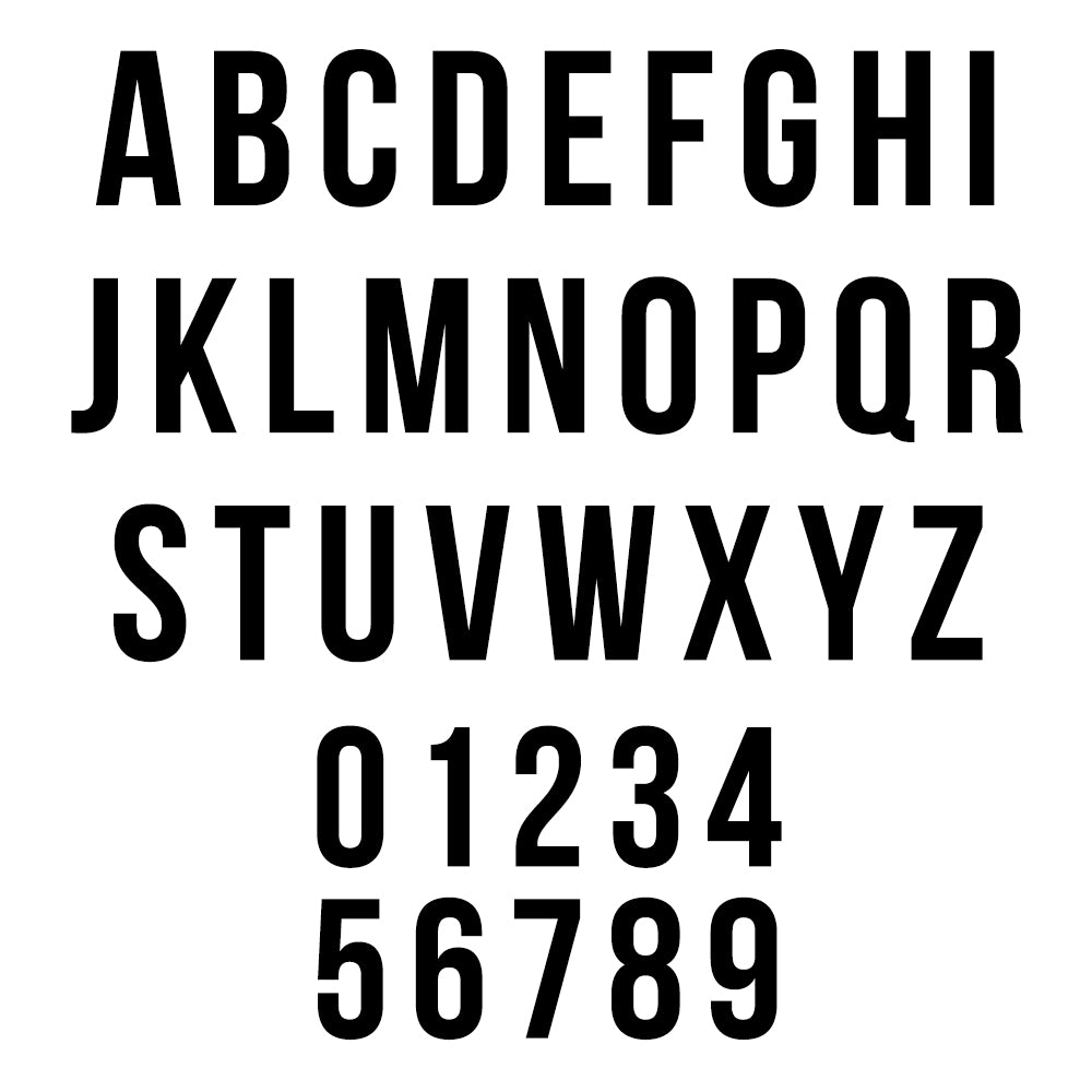 Black alphabet and numbers on a white background