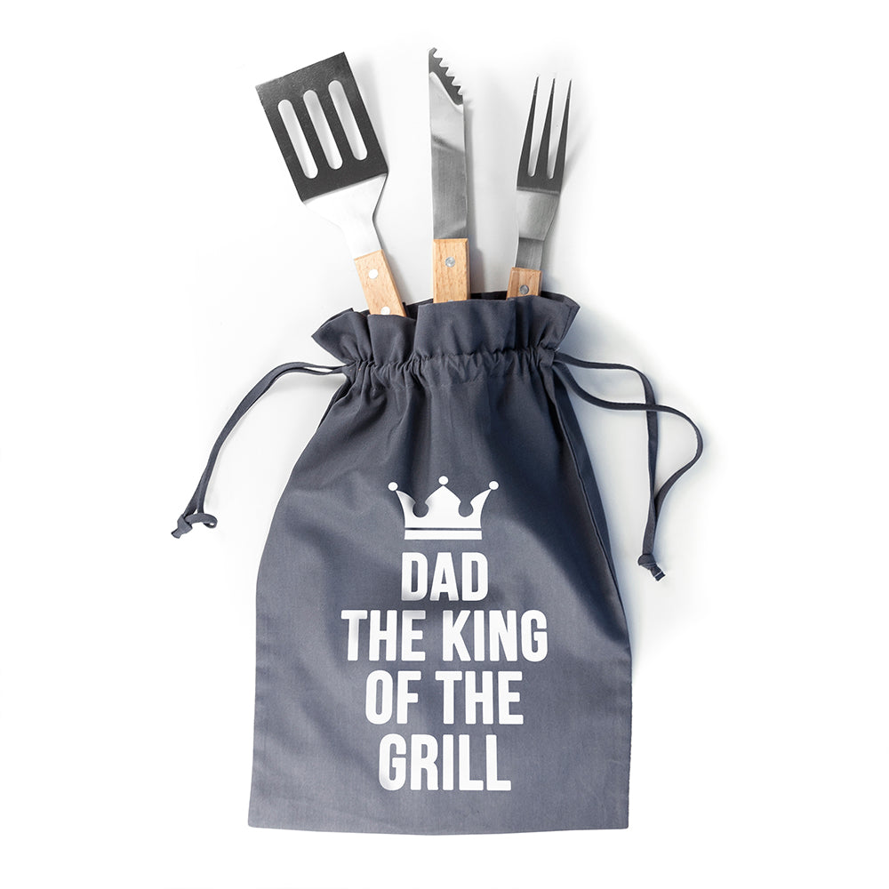 Gray drawstring bag with BBQ tools and 'Dad, The King of the Grill' text on a white background