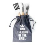 Gray drawstring bag with BBQ tools and 'Dad, The King of the Grill' text on a white background