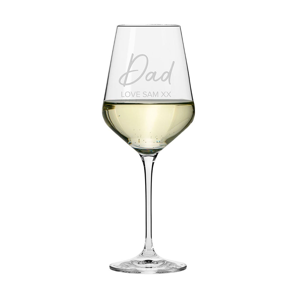 Wine glass with 'Dad' and 'Love Sam XX' text on a white background