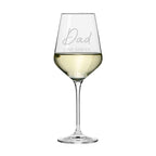 Wine glass with 'Dad' and 'Love Sam XX' text on a white background