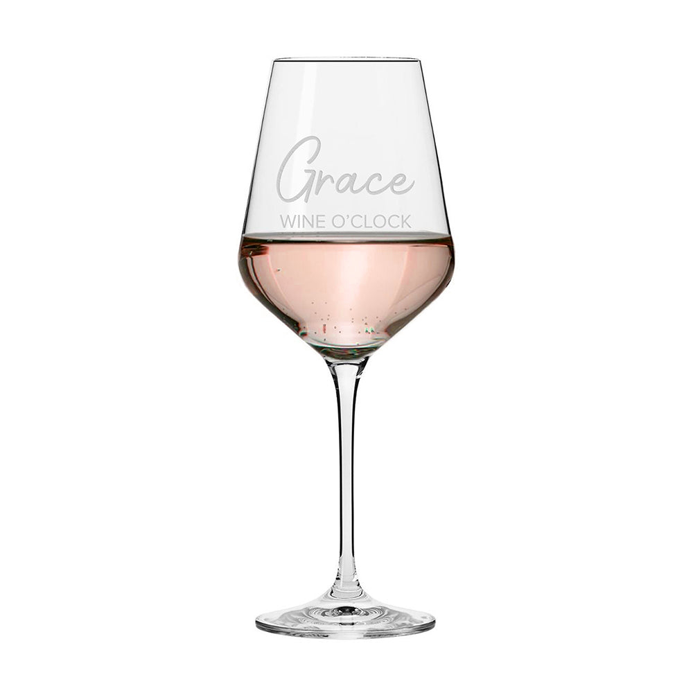Wine glass with 'Grace Wine O'Clock' text on a white background