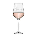 Wine glass with 'Grace Wine O'Clock' text on a white background