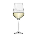 Wine glass with 'Rachel Happy Anniversary' engraving on a white background