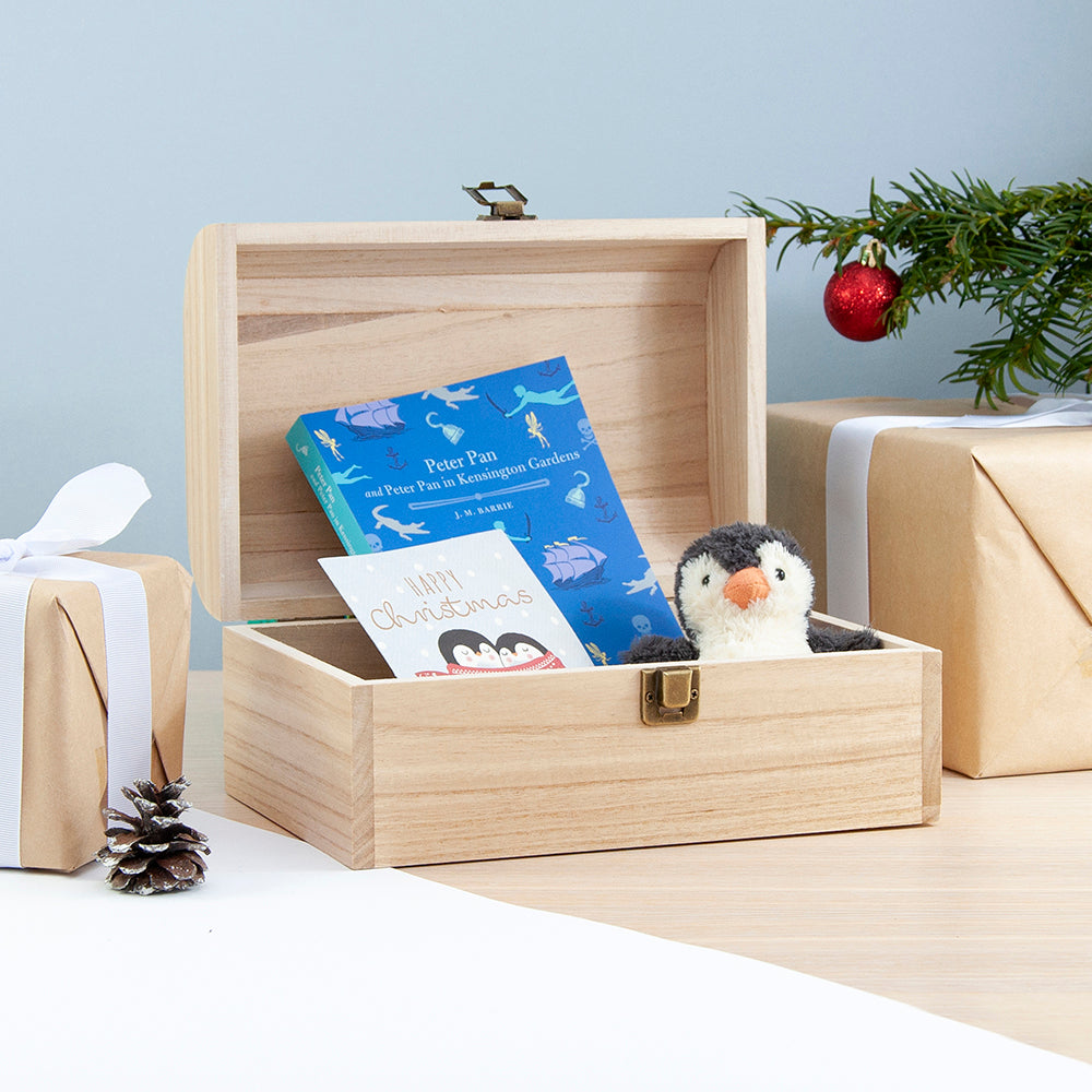 Wooden box with a penguin toy and books on a light blue background