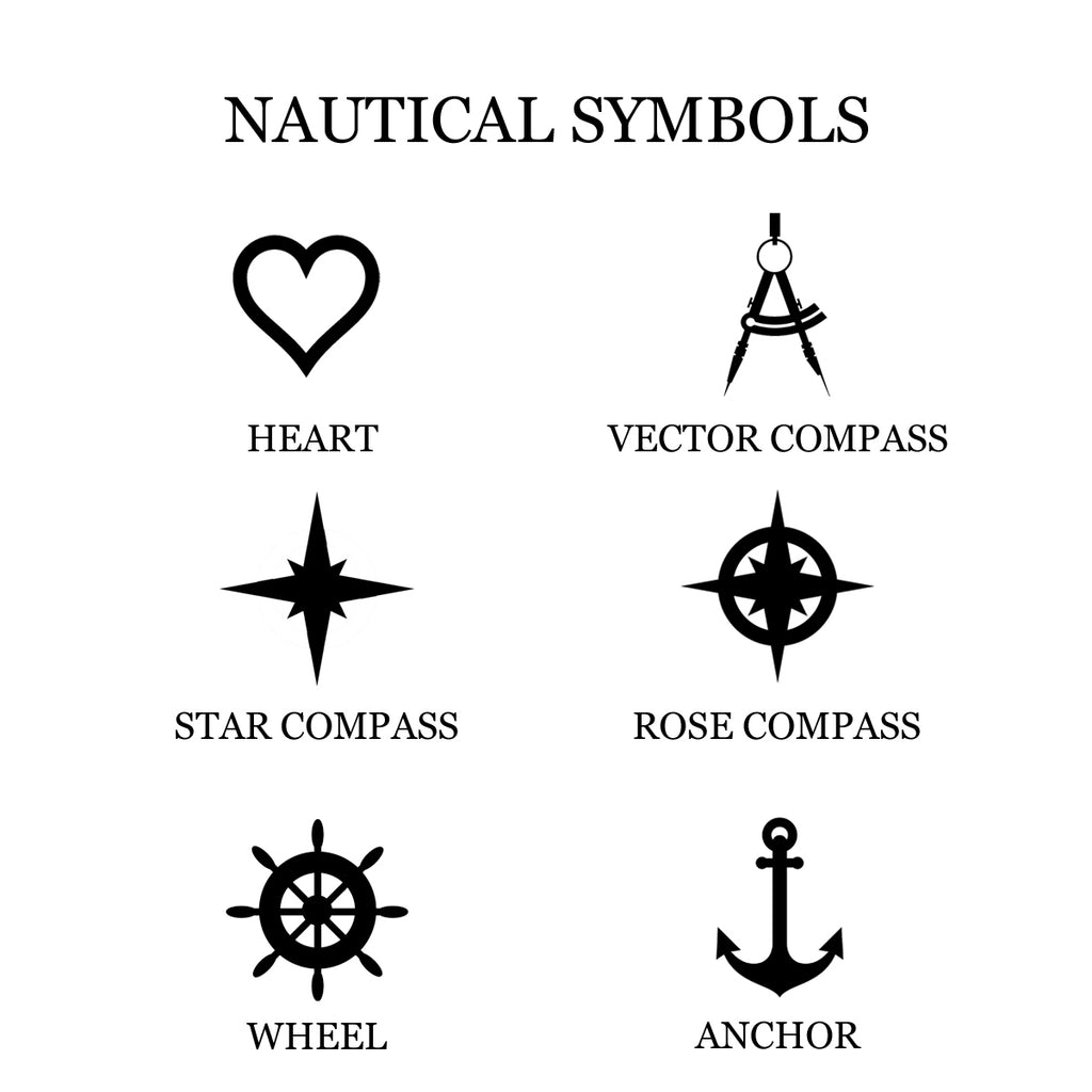 Set of nautical symbols including heart, vector compass, star compass, rose compass, wheel, and anchor on a white background.