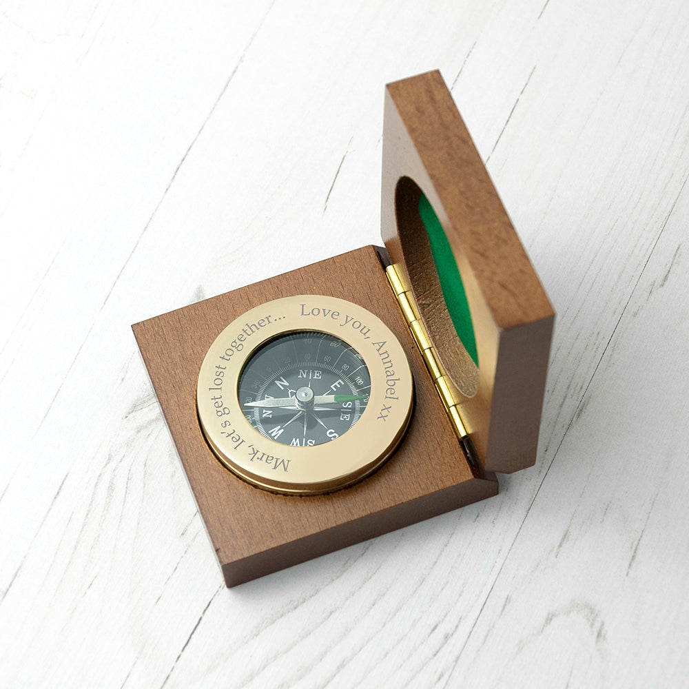 Compass in a wooden box on a white surface
