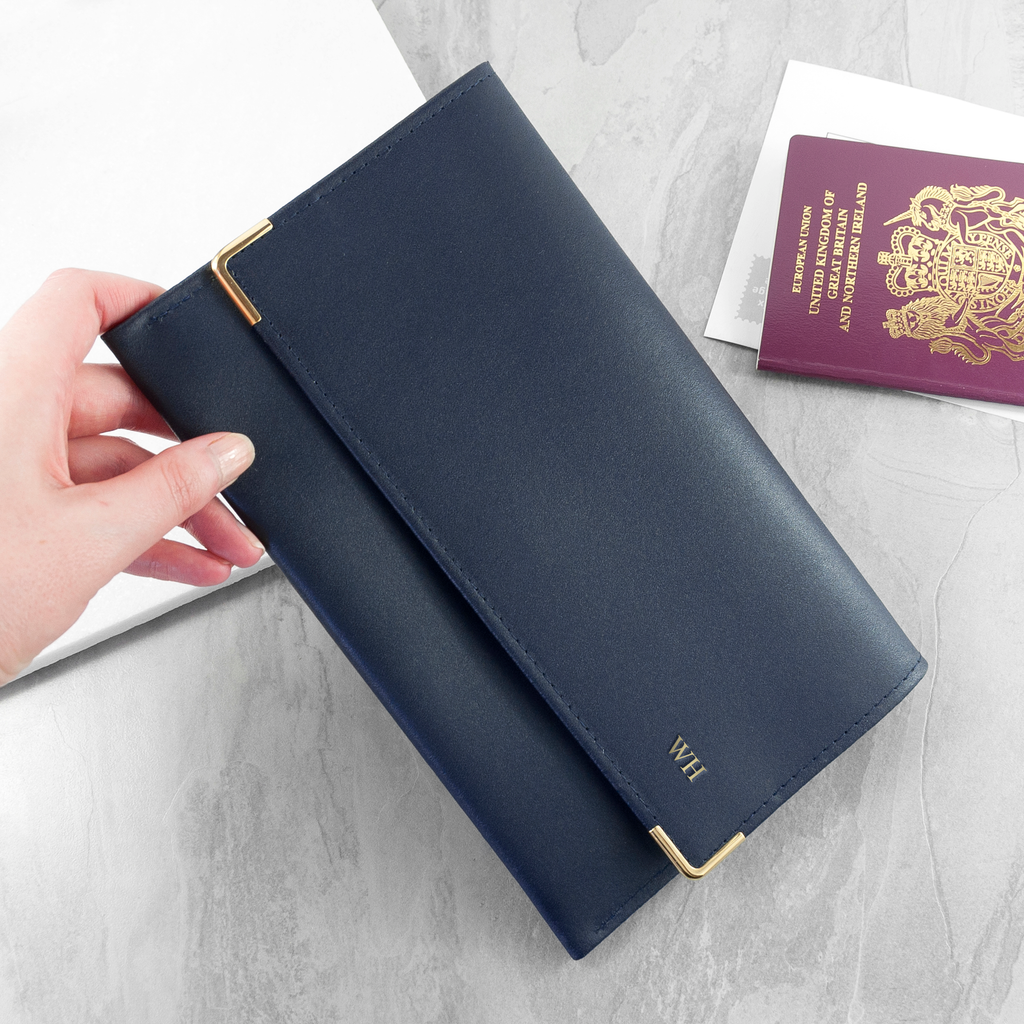 Navy blue wallet with gold accents held by a hand on a light gray surface with a passport.