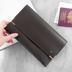 Black wallet with gold initials held by a hand on a light gray surface with a passport.