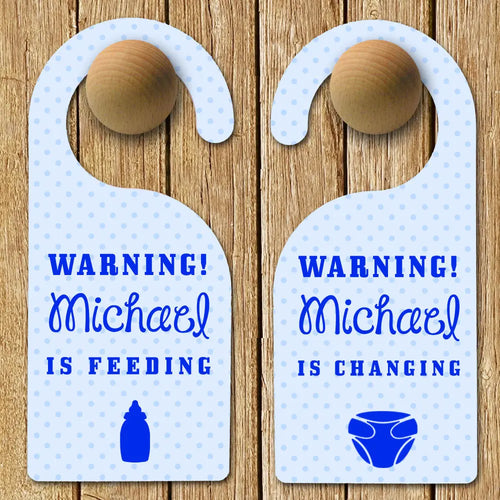 Personalised Baby Warning Door Hanger in Blue Spesh Gifts