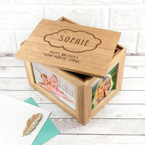 Personalised Baby Name In Cloud Midi Oak Photo Cube Keepsake Box Spesh Gifts