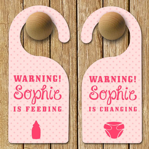 Personalised Baby Warning Door Hanger in Pink Spesh Gifts