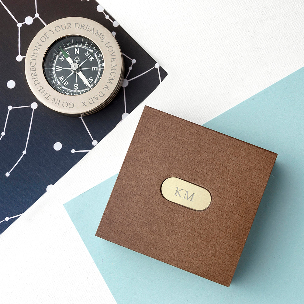 Brown box with 'KM' emblem on a white and blue geometric background
